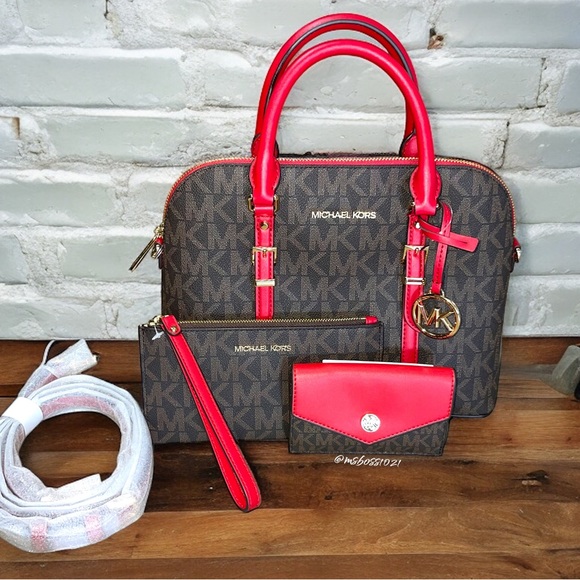 Michael Kors Bedford Legacy Medium Dome Satchel+Wallet+ Mini Wristlet in Brn/Red